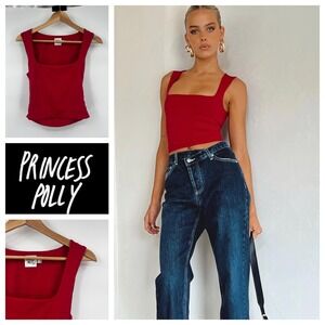 Princess Polly Back In Time Red Square Neck Ribbed Tank‎ Top Size 6